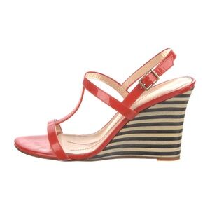 Kate Spade Lorna red orange patent leather wedge sandals striped heel size  8